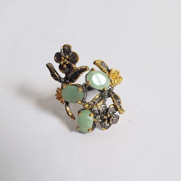 New EMERALD Sterling Silver Ring 925 Floral Artisan Gold Accents - Picture 8 of 15
